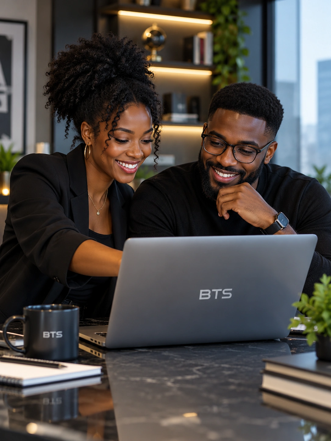A happy Black woman and man working together, looking at a laptop with the BTS logo